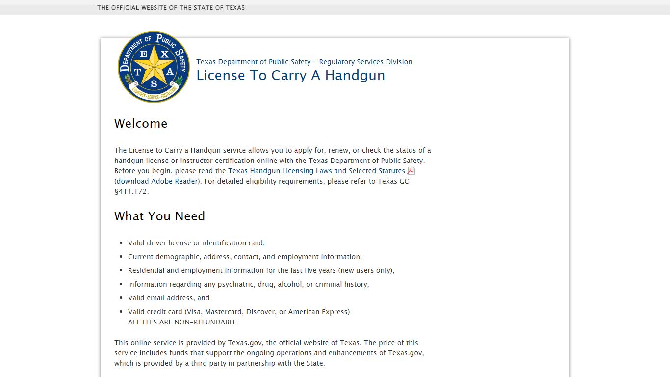 Welcome | License to Carry a Handgun | Texas.gov